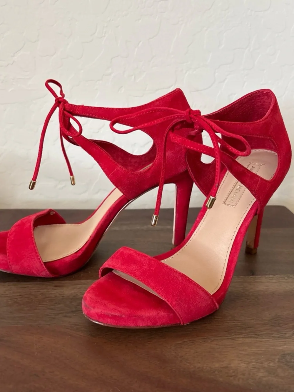 ANTONIO MELANI Red Suede Lace-Up Stiletto Sandals. 6